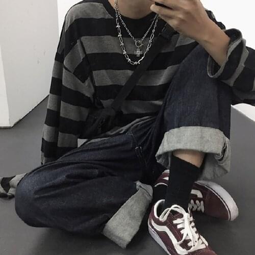 Oversized T-Shirt Stripe Harajuku Korean Style Streetwear Long Sleeves T Shirt 2021 Autumn Fashion Casual Men Women Top Clothing