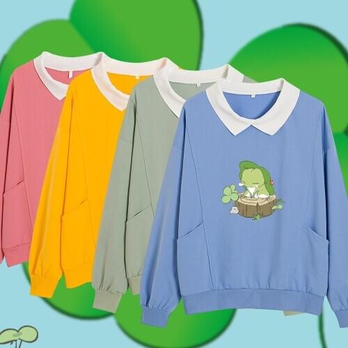 Kawaii Cartton Printed Green Swearshirt Pullover Harajuku Oversized Hoodie Graphic Cotton Sweatshirt Long Sleeve Pocket Clothing