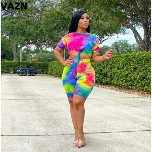 VAZN 2020 Summer Hot Sales New Daily Casual Style Regular Short Sleeve Group Knee Length Tracksuits Slim Women 2 Piece Set