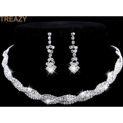 Fashion Wedding Jewelry Set Sparkling Rhinestone Crystal Choker Necklace Earrings Set Charm Silver Plated Bridal Jewelry Sets
