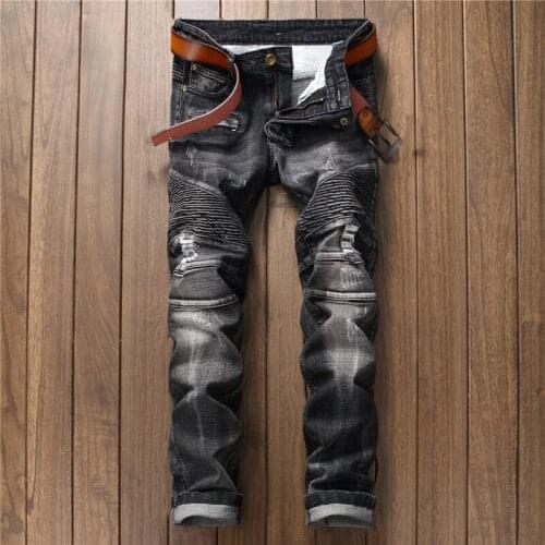 New Locomotive Biker Men Jeans Slim fit Metrosexual Personality Hole Crushed Black Jeans Stitching Long Pants Small Straight