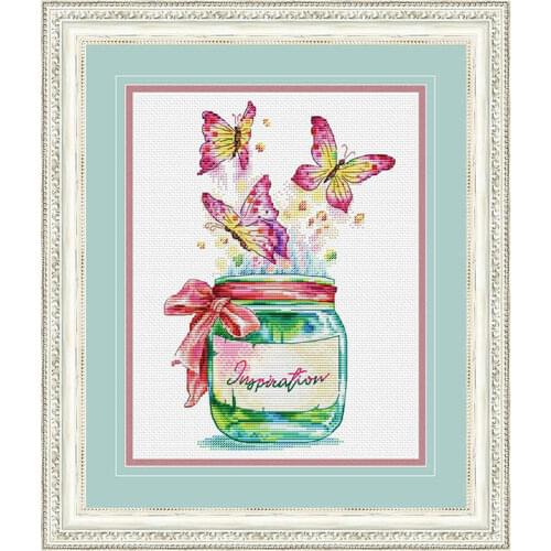 Fishxx Cross Stitch Kit Precision Printing S304 Flying Butterflies and Glass Jar Hand Embroidery