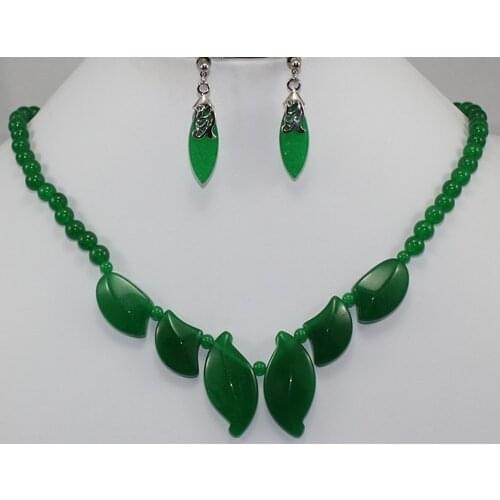 Wholesale unique 18" green Natural Stone beads and leaf shape jades necklace stud earrings set