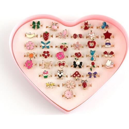 New 36 pcs Alloy Cartoon Rings With Bow tie box Colorful Lovely Adjustable Jewelry Gifts Party Favors Toys for Children Kids Gir
