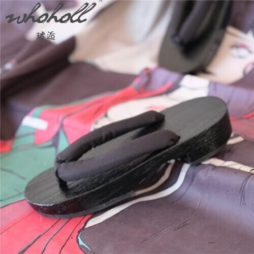 WHOHOLL Women black small Japanese Wood Clogs Slippers Samurai Geta Cosplay Shoes Flip Flops Women Thick Bottom Flat Shoes 33