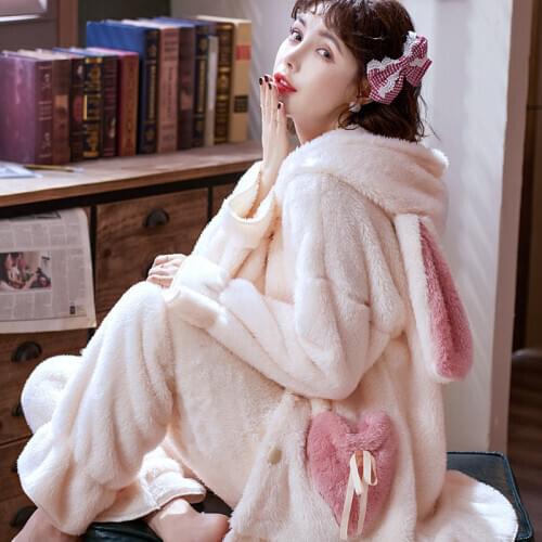 Autumn and Winter Thickened Pajamas Women Plush Outer Wear Suit Cute Sweet Plus Size Coral Fleece Ladies Home Service