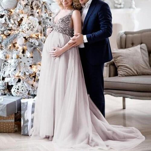 Maternity dresses Sexy Women Pregnant Sling V Neck Sequin Party Gown Pregnancy Dress Art Photo Dress wedding dress maternity