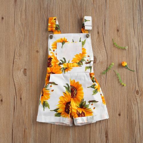 Little Girls Casual Overalls Pants Toddler Sunflower Print Suspender Shorts with Pockets for Birthday Party Photography Vacation