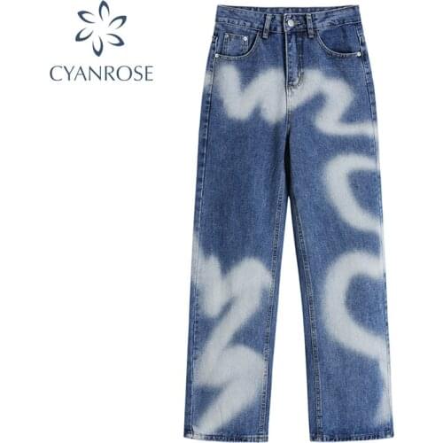 Tie Dye Printed Straight Jeans Women Baggy Harajuku Vintage High Waist Loose Denim Long Trouser Female 2021 Autumn Y2k Jeans