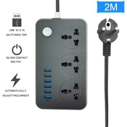 EU Plug Power Strip Socket 3 Universal Outlets 6 USB Fast Charger Port 2M Extension Cord Wall Adapter 2500W Indicator Light 10V