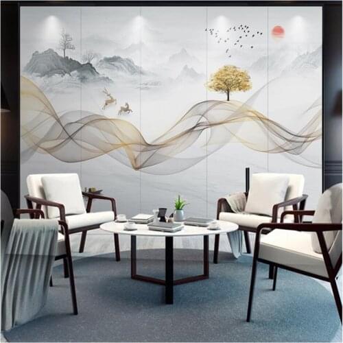 Modern minimalist new Chinese style abstract ink landscape smoke line background wallhome decoroom decorrwall stickers