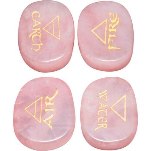 TUMBEELLUWA 1Set (4Pc) Natural Pink Quartz Palm Stone Engraved Element Symbols Healing Crystal Reiki Air Water Fire Earth