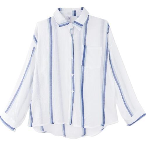 Neatie kiddie 2019 Summer Fashion Stripe Loose Thin Blouse Women Shirt Tops Long Sleeve Turn-down Collar Chiffon Sunscreen Shirt