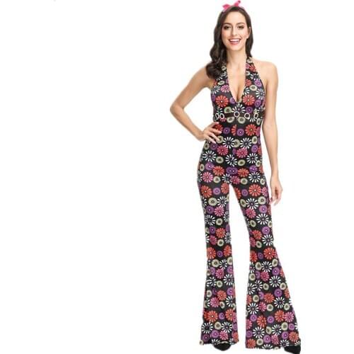 Hot Sell 60s 70s Retro Disco Hippie Costume Adult Women Vintage Go Go Girl Disco Hippie Dance Jumpsuit