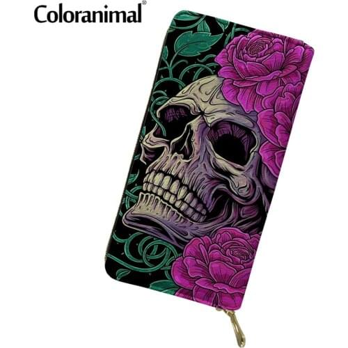 Coloranimal Brand Design Gothic Skull With Flower Printed Women Clutch Purse PU Leather Tote Wallet Necessity Credit Card Holder