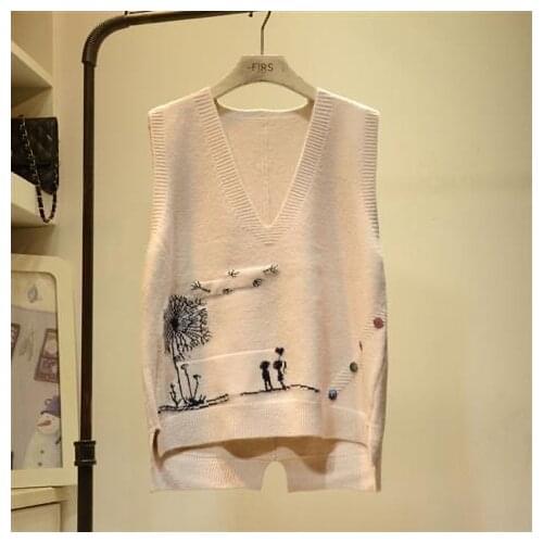 Beige UK Spring Fall Korean Japan V-neck Knit Sleeveless Sweater Vest Loose Coat Outcoat Lady Top Cloth for Women girl Waistcoat