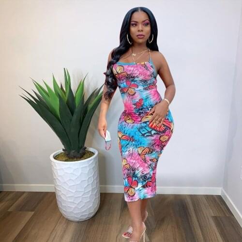 Sexy Sling Butterfly Long Dress Backless Spaghetti Strap Bodycon Dresses Women Summer Elegant Clothes 2021 Fashion Streetwear