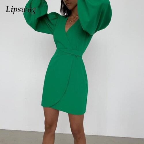 High Fashion 2021 Autumn Lantern Sleeve Mini Dress Spring Elegant Simple Solid Dress Women Sexy Wrap V Neck Party Dresses Female
