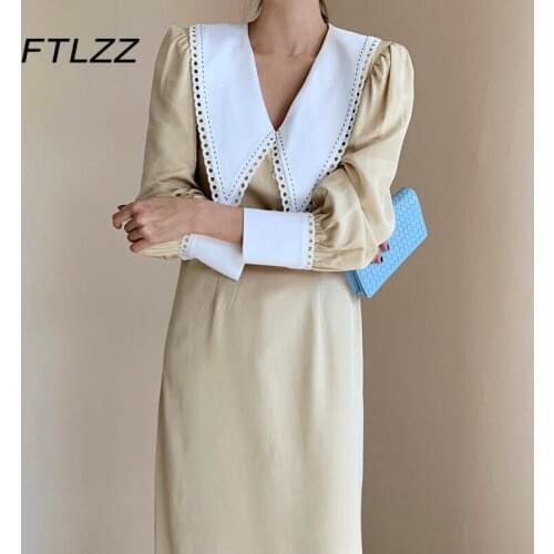 New Women French Elegant Midi Dress Spring Autumn Puff Sleeve Peter Pan Collar Korean Dresses Ladies Vintage Chiffon Dress