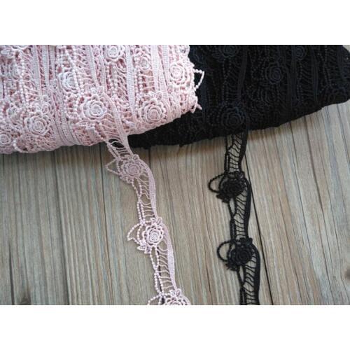 2 Yards Black Pink Embroidered Lace Trim Fabric Applique DIY Sewing Craft Crochet Fabric Edging Trimmings Vintage Wedding Dress