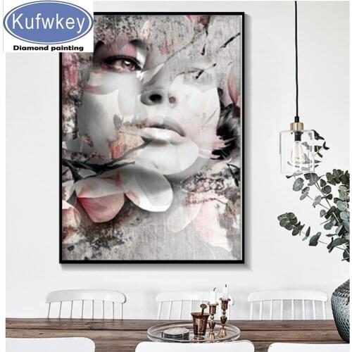 2020 round Diamond Painting Abstract woman Pink flowers Full square Rhinestone of Picture Diamond mosaic Valentines Day gift