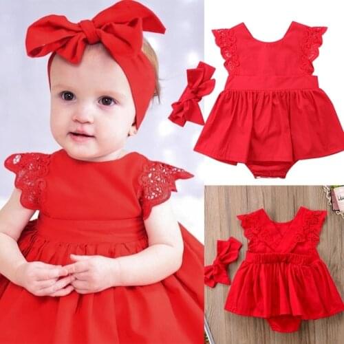 2020 Hot Sell Baby Girl Christmas Sleeveless Red Lace Ruffle Princess Party Rompers