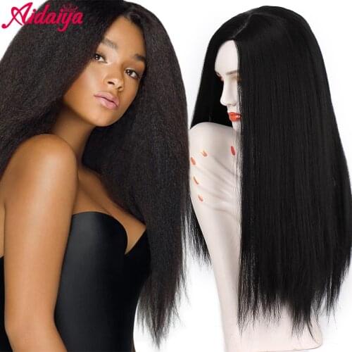 AIDAIYA Afro Kinky Straight Long Wigs Synthetic High Temperature Fiber Hair Yaki Straight 24inch Long Wigs For Black Women