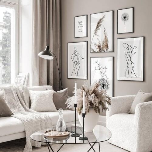 Nordic Beige Reed Grass Canvas Paintings Line Art Figure Wall Art Print Minimalist Dandlion Picture Living Room Decoration