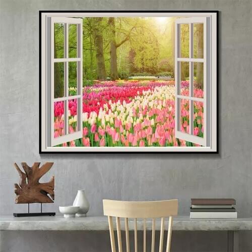 Flower Garden Landscape Poster Outside Window Creative Canvas Painting Scandinavian Wall Art Picture Home Room Aisle Decor
