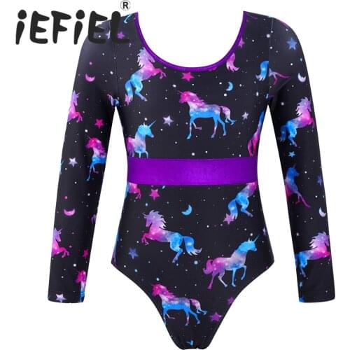 Kids Girls One-piece Gymnastics Workout Leotard Long Sleeves Cross Straps Open Back Cartoon Print Ballet Dance Jumpsuit Bodysuit