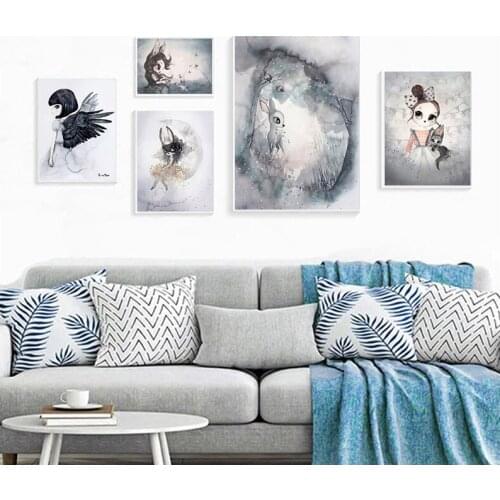 Living Room Home Decor Poster Print Nordic Canvas Painting Girl Bedoom Wall Picture Deer Rabbit Angle Wing Animal Abstract Sweet