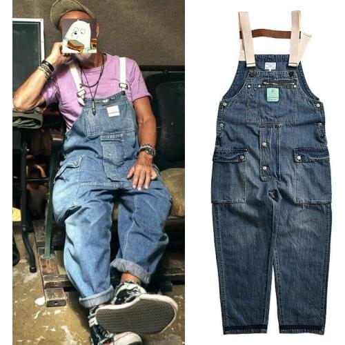 Mens Wash Denim Overalls Cargo Pants Multi-Pocket Suspenders Jumpsuit Trousers