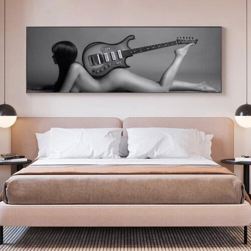 Gray Sexy Nude Woman with Guitar Canvas Paintings Modern Naked Girl Posters and Prints Wall Pictures for Living Room Home Decor
