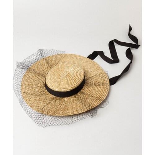 Fashion Flat-top Wide Brim Mesh Decorative Natural Wheat Straw Wide-brimmed Top Hat Stage Catwalk Sun Hat Sombrero Playa Mujer