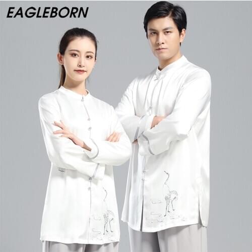 2021 New Tai Chi Suit Spring Autumn Tai Chi Clothing White Men Women Suit Elegant Hand-painted Crane Kung Fu Uniform Traditional