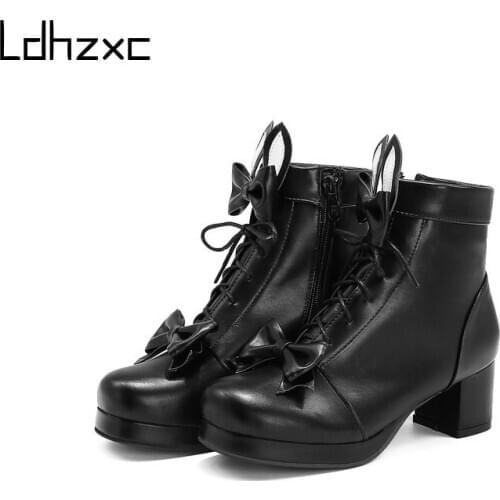 LDHZXC New Fashion High Heels Platform Boots Woman Shoes Round Toe Buckle Autumn Winter Ankle Boots for Women Big Size 48