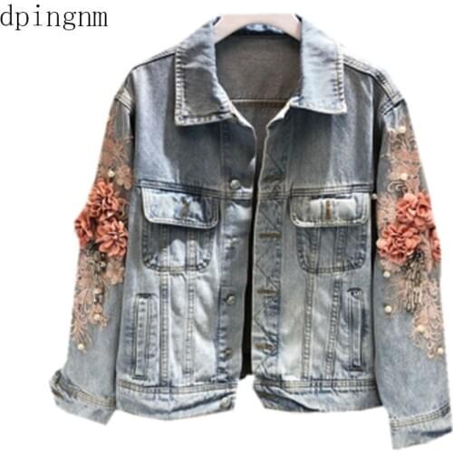 Solid Turn-down CollarEmbroideryJean Jacket for Women Loose Casual Blue Fashionable Women Coats Female outwear Denim Feminine