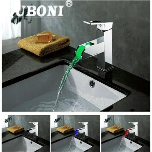 OUBONI New Chrome LED Basin Faucet Water Tap L-16 Sink Mixer Waterfall Vanity Vessel Sinks Mixers Taps Faucets Bathroom Torneira