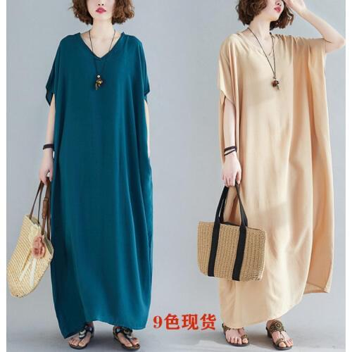 Extra Large Size Womens V-neck Cotton Long Dress Solid Color Loose Slimming Maxi Dress Summer Ladies Simple Tunic Robes K865