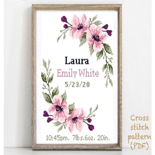 Embroidery Baby Birth Announcement Cross Stitch Patterns Modern with 14CT Aida Counted Canva & Free Shipping for Customized Gift