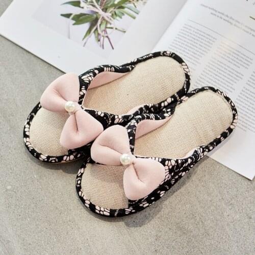 Women Lace Bow Pearl Home Flax Shoes Ladies Indoor Non-slip Floor Bedroom Slides Female Comfortable Casual House Flat Flip Flops