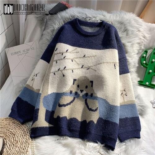Duckwaver Knitted Sweater 2020 Spring Winter Women Clothes Cute Cartoon Pattern Loose Long sleeve pullover Sweater Women Tops