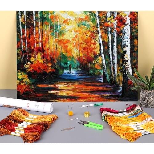 Forest Birches Printed Fabric 11CT Cross-Stitch Full Kit Embroidery DMC Threads Hobby Sewing Knitting Painting Gift For Floss