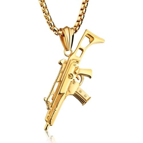 Top Design Fashion 316L Stainless Steel Gold Color Mechanic HandGun Pendant Necklace Mens Unisexs Jewelry Box Chain 24"*3mm