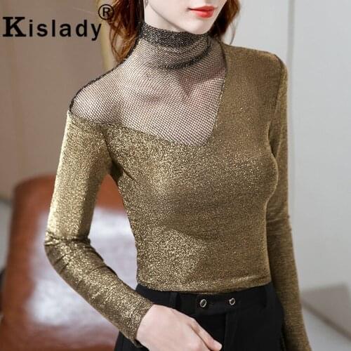 Korean Sexy Hollow Out Turtleneck Goth Shirt High Street Long Sleeve Patchwork Women Shirt Winter Shining Tops Harajuku Clothes