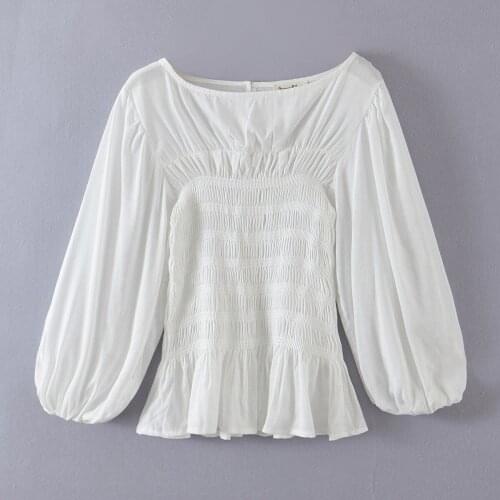 Spring Autumn Fashion Womens Ramie Neck Lantern Sleeve Slim Elastic Clothes Vacation Top