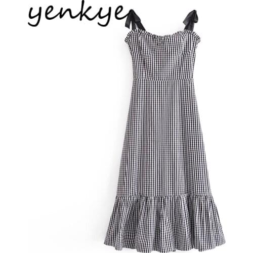 YENKYE Sexy Sling Plaid Dress Women Sleeveless Slim A-line Midi Elegant Dress Female Summer Vintage Palace Robe