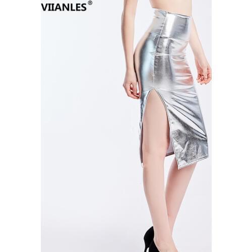 VIIANLES Side Slit Pencil Skirt Women PU Leather Sexy Skirt Ladies Shiny High Waist Plus Size Silver Black High Waist Skirts