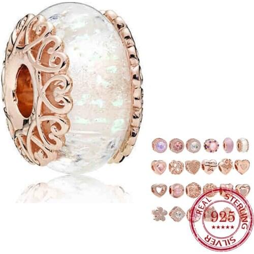 925 Sterling Silver Rose Gold Pink String Charms Suitable for Original Pandora Bracelet Necklace Beaded Woman Jewelry Making