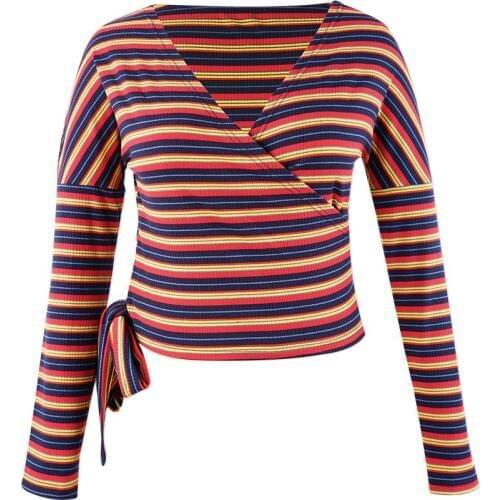 Fashion Long Sleeve Knitted Sexy V-neck Short T-shirt Top Wrap Bandage Slim Office Lady Cardigan Spring Tshirt